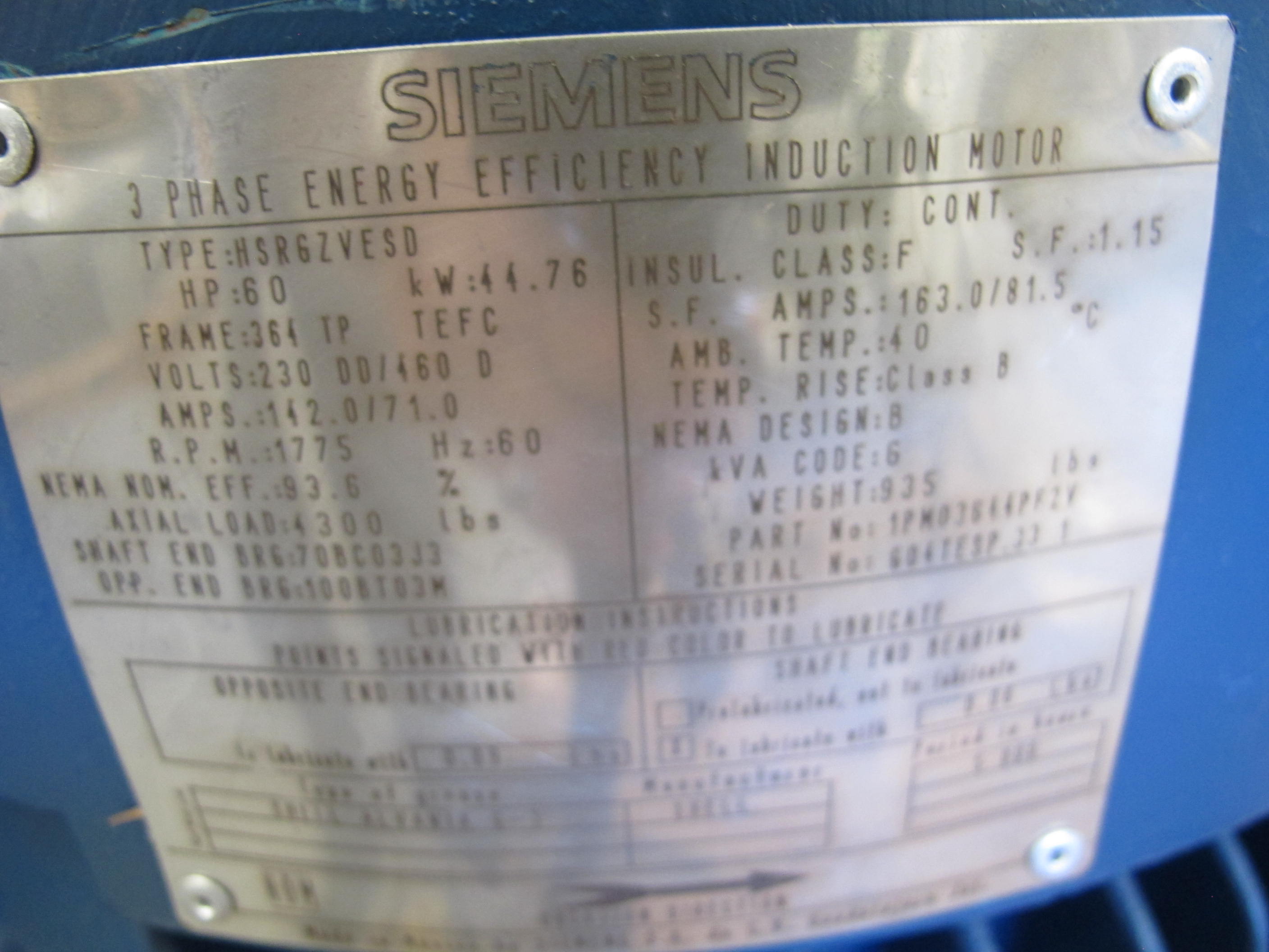 MOTOR, ELECTRIC TYPE, 60 HORSEPOWER, 460V 3 PHASE 60HZ ELEC RATING, 1775 RPM, 364HP FRAME, 71 AMPS, TEFC ENCLOSURE, CONT. DUTY, 1.15 SERVICE FACTOR. SALES ORDER # 1-5133-LR52846-01 120W, 120V SPACE HEATER, PART # FRAME 364HP, RGZVESD (W-44) LOADING & HANDLING FEE $15-